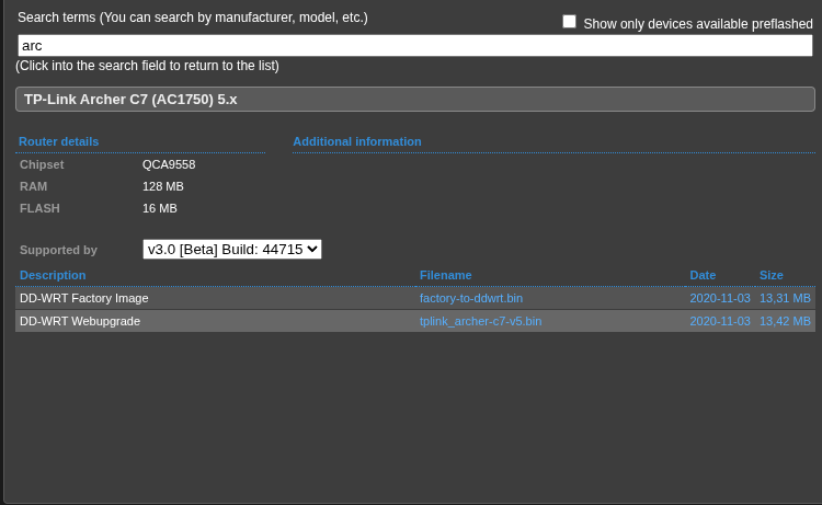 DD-WRT router database result for the Archer C7 5.x